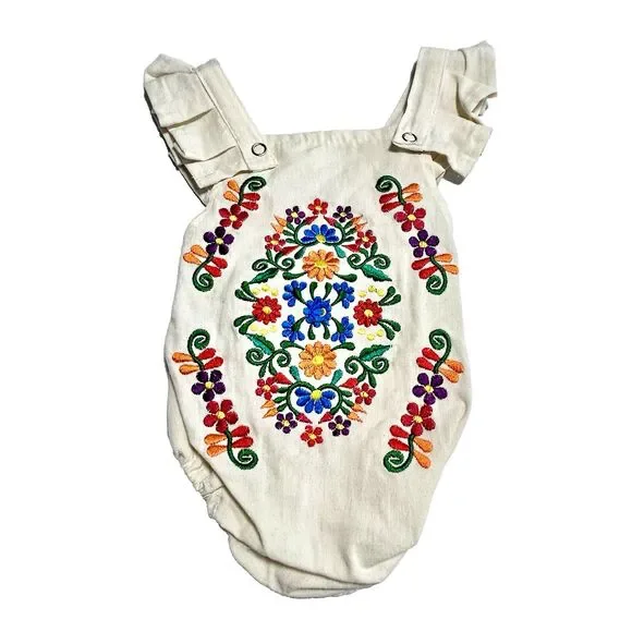 Mexican Embroidered Floral Folk Manta Bodysuit One Piece Romper Baby 0-6 Mos - Picture 1 of 7